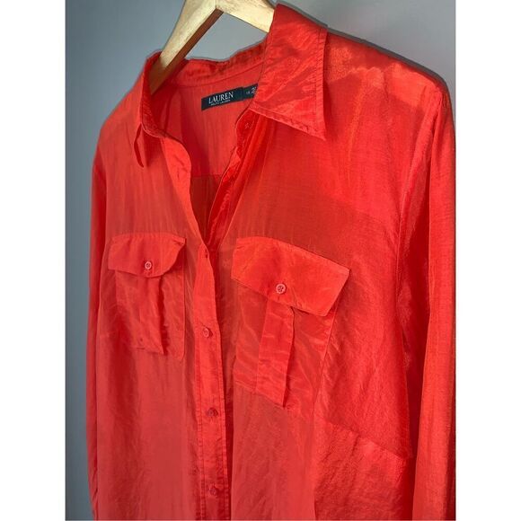Lauren Ralph Lauren Cotton/Silk Blend Red Orange Button Down Shirt - Picture 2 of 10